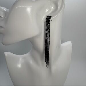 Long Black Crystal Rhinestone Tassel Dangle Fringe Earrings